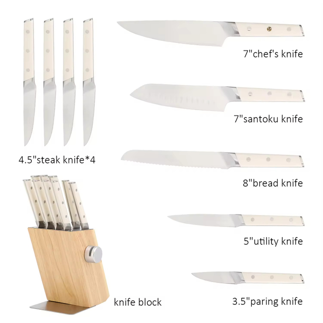 High Quality Traditional Metal Kitchen Cutter Classic Stainless Steel Knife Set with Wood Block with Self-sharpening