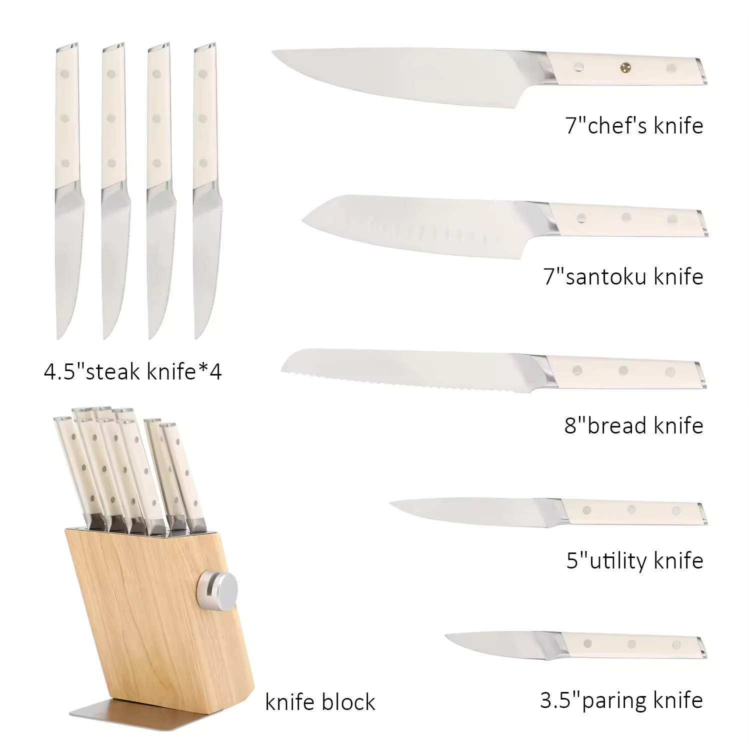 High Quality Traditional Metal Kitchen Cutter Classic Stainless Steel Knife Set with Wood Block with Self-sharpening