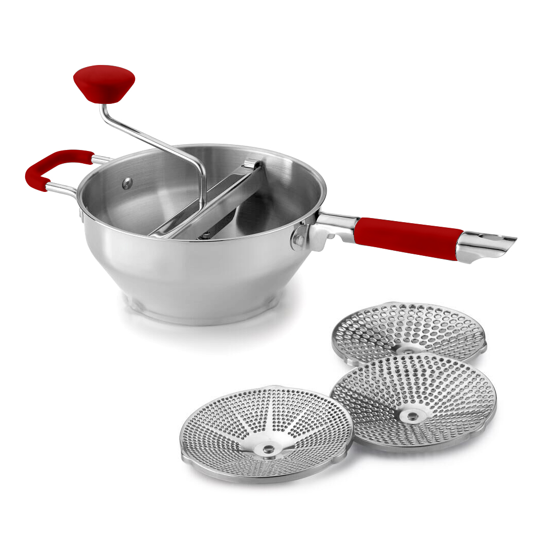 Rotary Stainless Steel Food Mill Strainer Potato Masher Grinder Vegetable Mill Detachable Silicone Handle with 3 Milling Discs