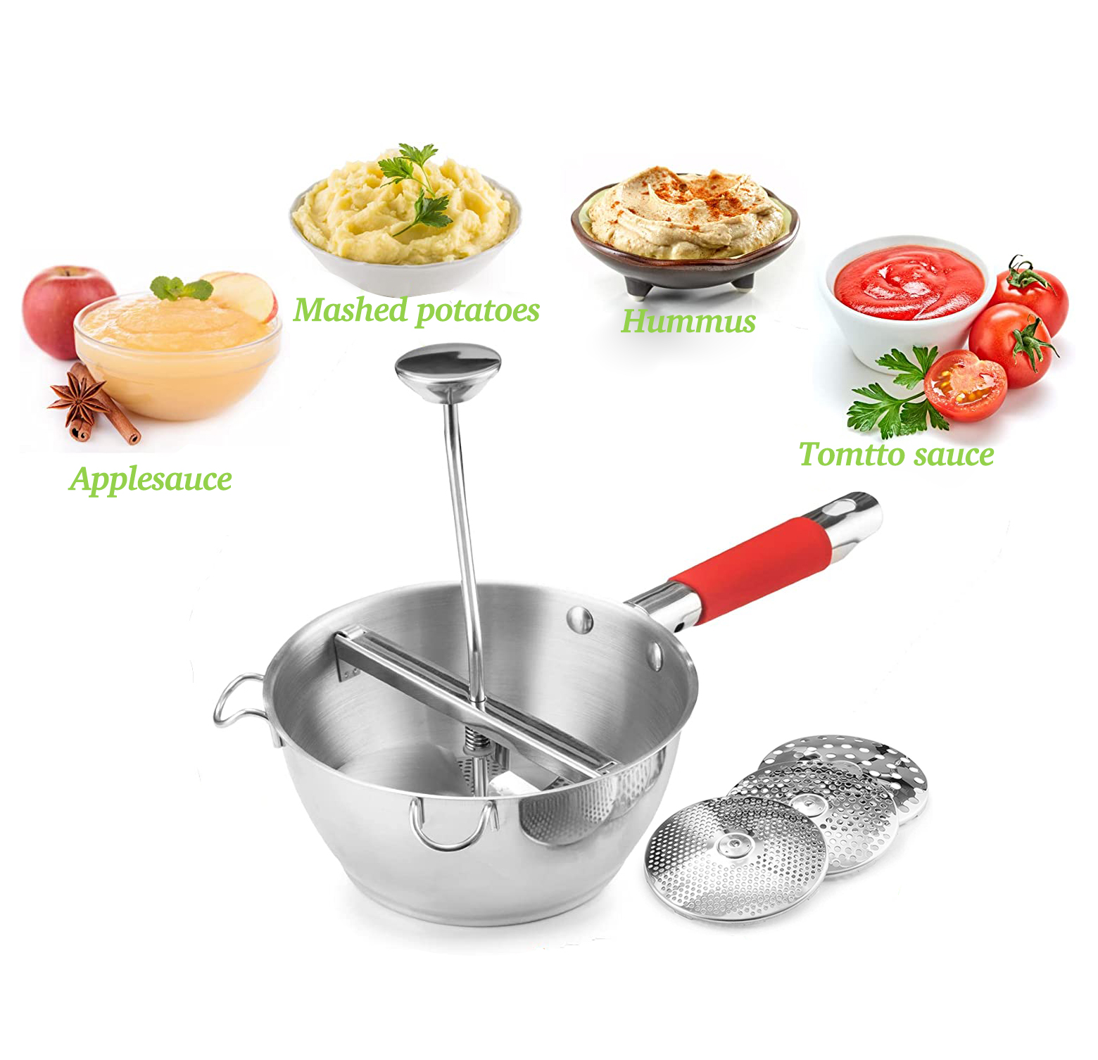 Rotary Stainless Steel Food Mill Strainer Potato Masher Grinder Vegetable Mill Stainless Steel Handle with 3 Milling Discs