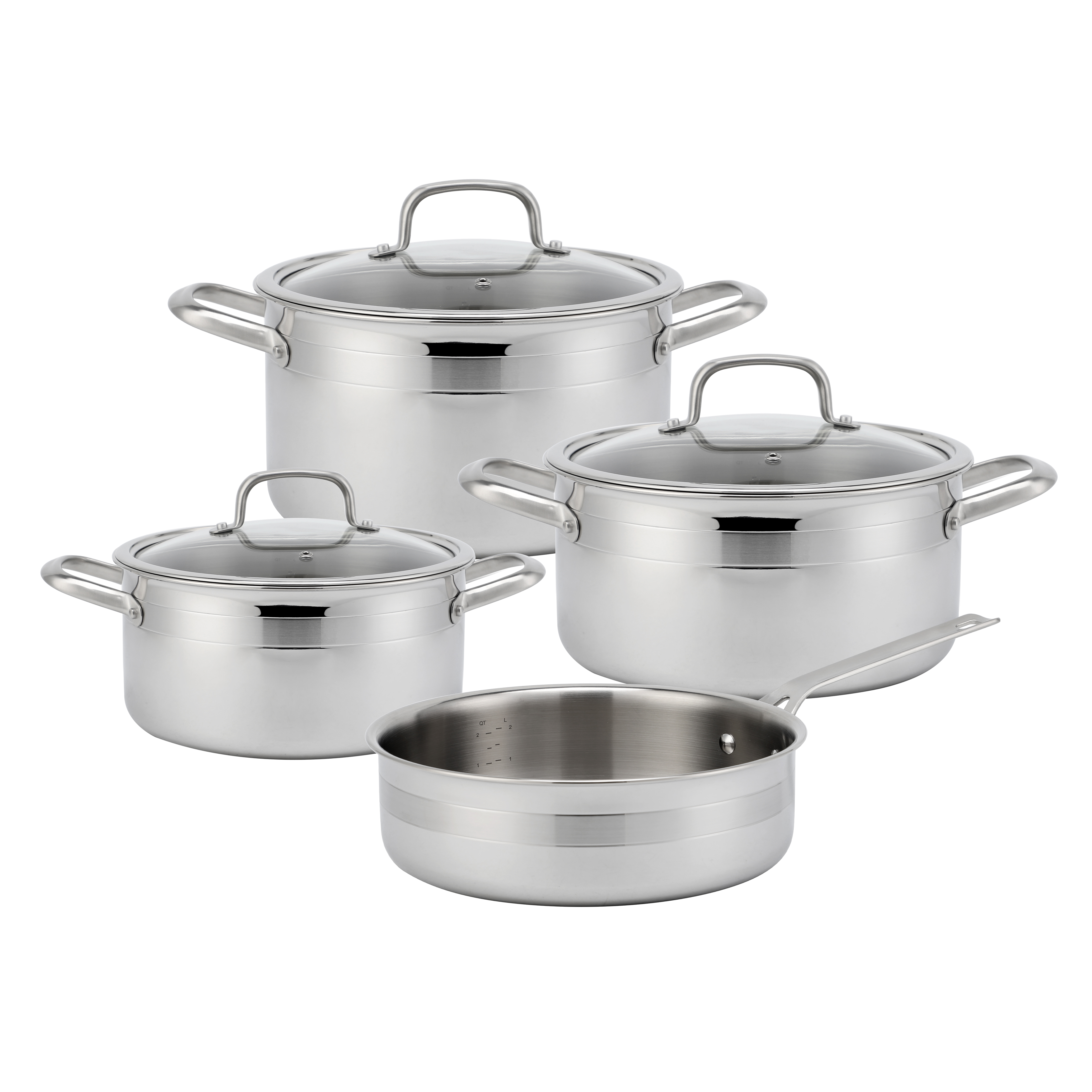 Stainless Steel Triply Cookware Set Durable Metal Pots and Pans with Mirror Polished Glass Cover Rivet-Connected Handle