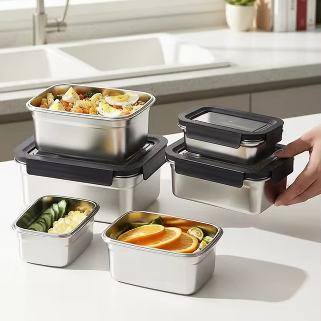 New Design 304/316 Stainless Steel Fresh-keeping Box Snap-on Refrigerator Storage Box Heating Food Grade Microwave sealed Box