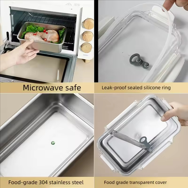 Design 304 Stainless Steel Fresh-keeping Box Snap-on Refrigerator Storage Tin Box Heating Food Grade Microwave sealed Box