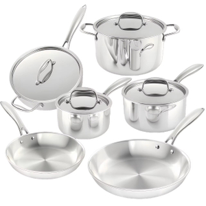 Modern Stainless Steel 10-Piece Cooking Pot Set Eco-Friendly Oven Safe Induction Bottom Tempered Glass Lid Metal Pans Efficient