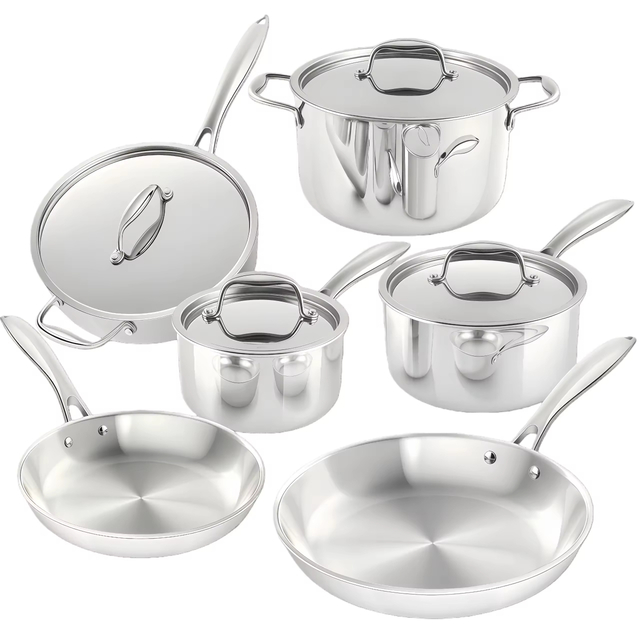 Modern Stainless Steel 10-Piece Cooking Pot Set Eco-Friendly Oven Safe Induction Bottom Tempered Glass Lid Metal Pans Efficient