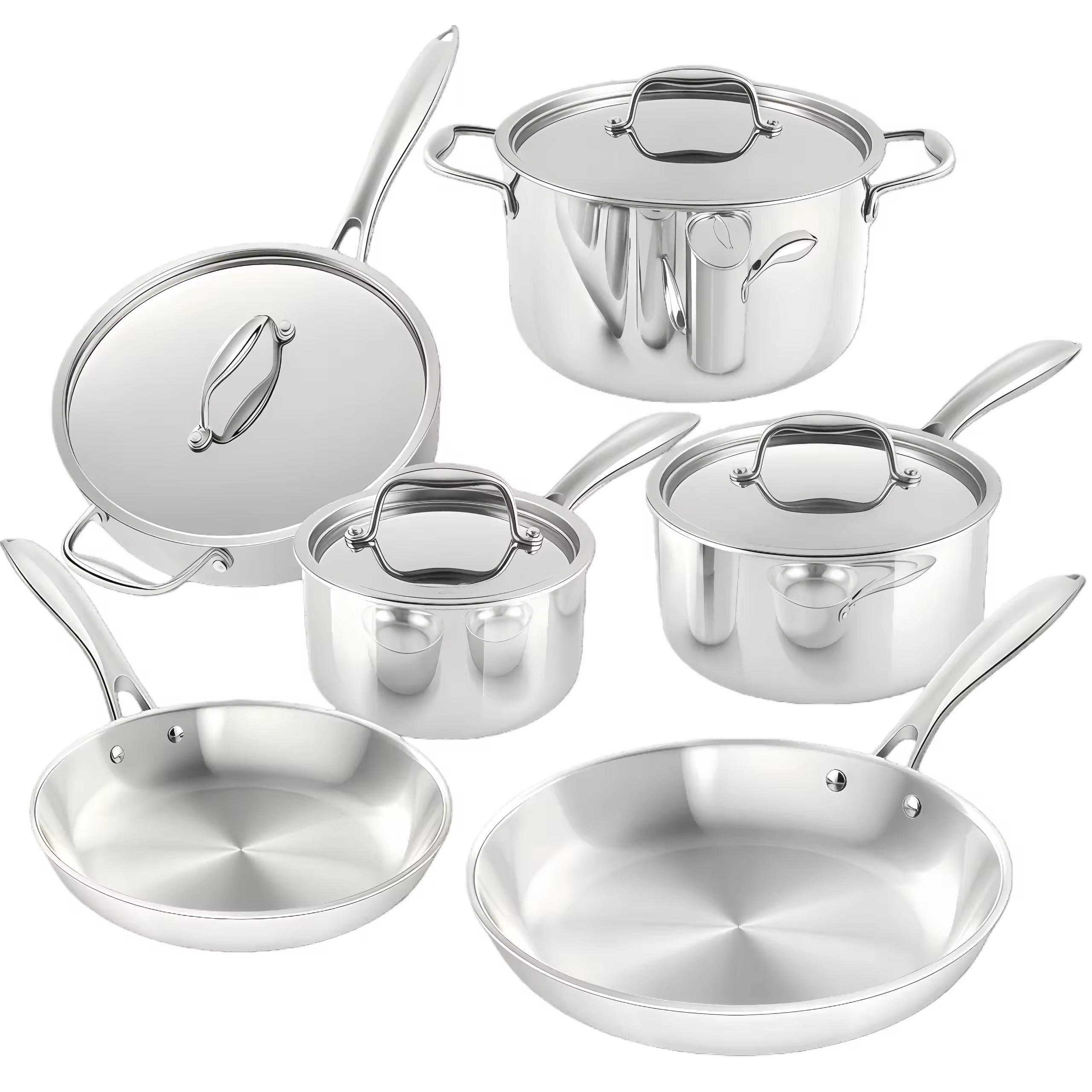Modern Stainless Steel 10-Piece Cooking Pot Set Eco-Friendly Oven Safe Induction Bottom Tempered Glass Lid Metal Pans Efficient