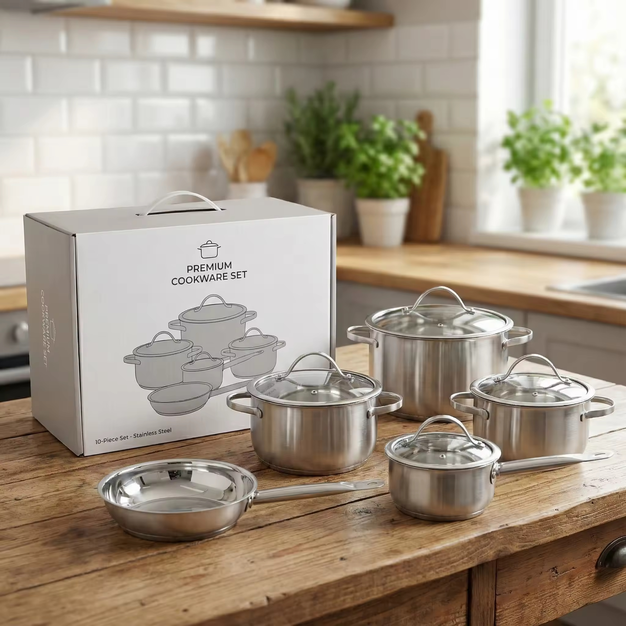 Wholesale Custom Kitchen Stainless Steel Cooking Pot Casserole Set Soup Pots and Frying Pans Set 9 Pieces Cookware Sets