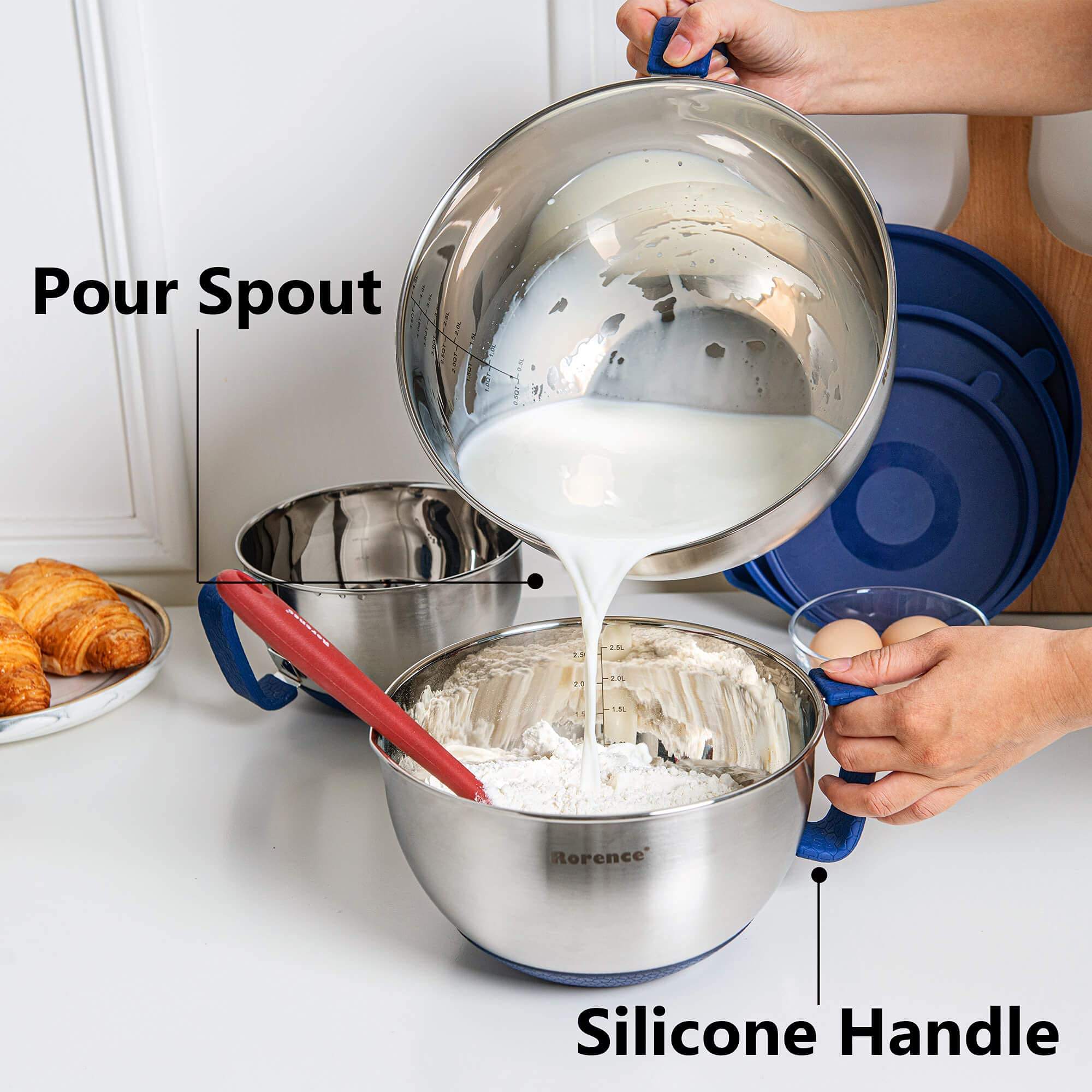 Wholesale in Stock Rorence Mixing Bowls Set With Lid Kitchen Stainless Steel Salad Mixing Bowl With Handle