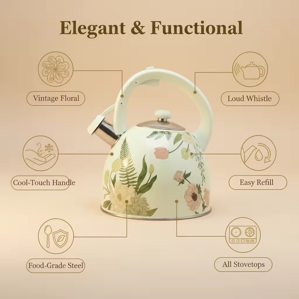 Factory Wholesale 3L Whistling Tea Kettle Pot Customized Vintage Floral Design Stainless Steel Hot Water Teapot for ALL Stovetop