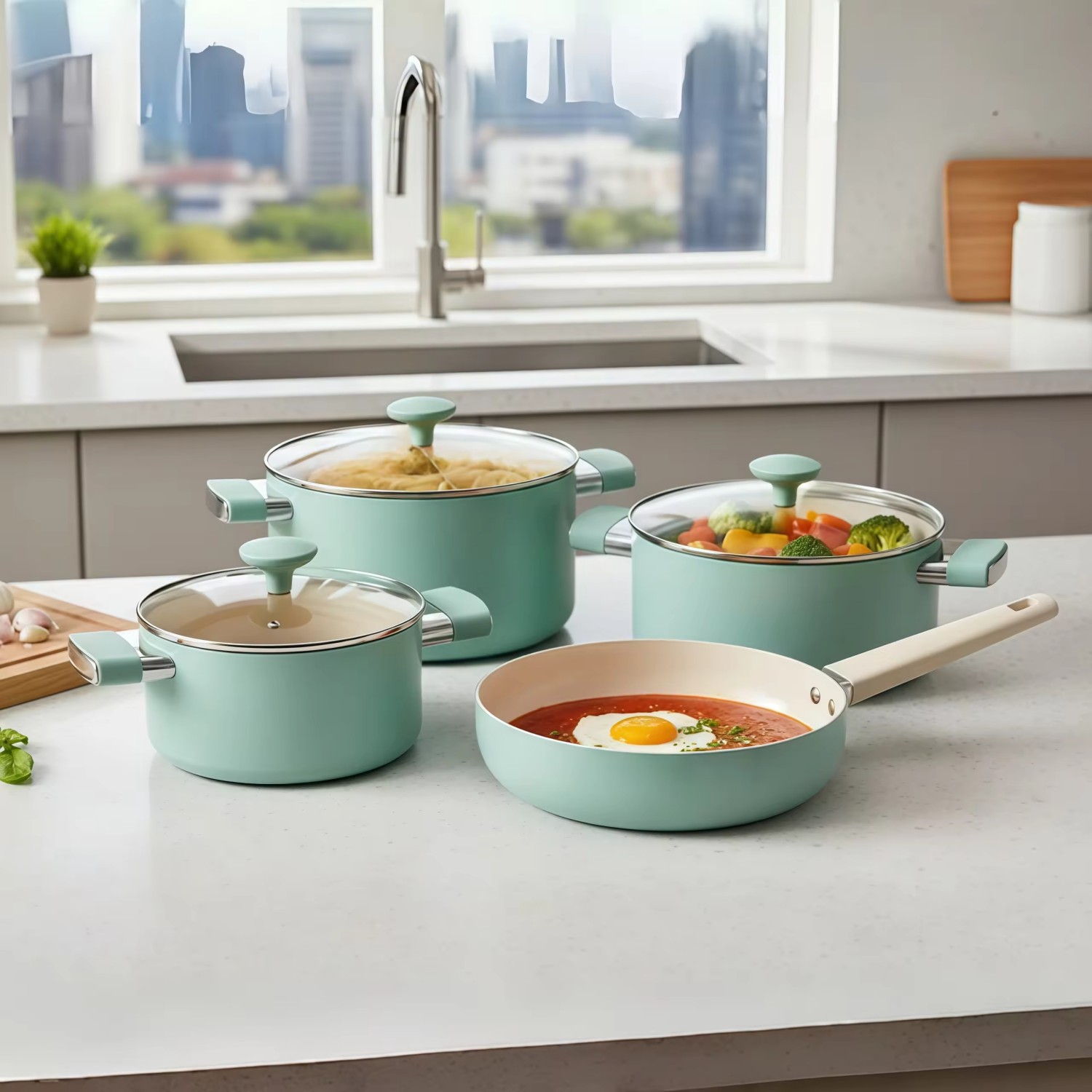 8PCS Customizable Ceramic Non Stick Pans and Pots Set Induction Cast Aluminum Ceramic Cookware Set Pots and Pans Set