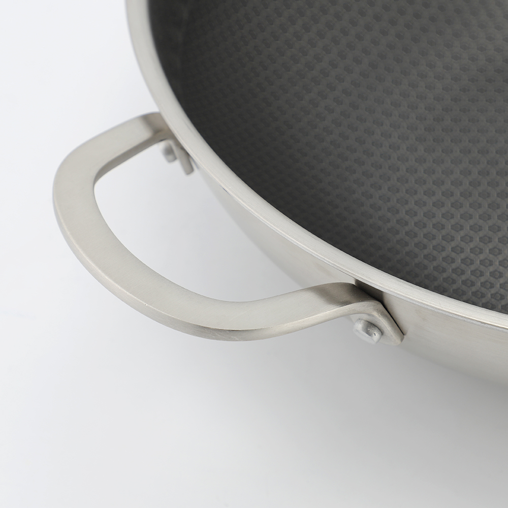 Tri-ply Hybrid Pan & Wok with Double Ears PFAS PFOA Free Honeycomb Stainless Steel Non-stick Wok Pan Cookware With Glass Lid