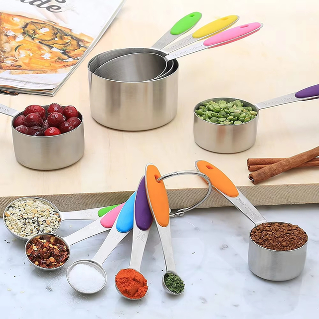 Custom Hot Sell 10 Piece Stainless Steel Measuring Cups and Spoons Set With Silicone Handle