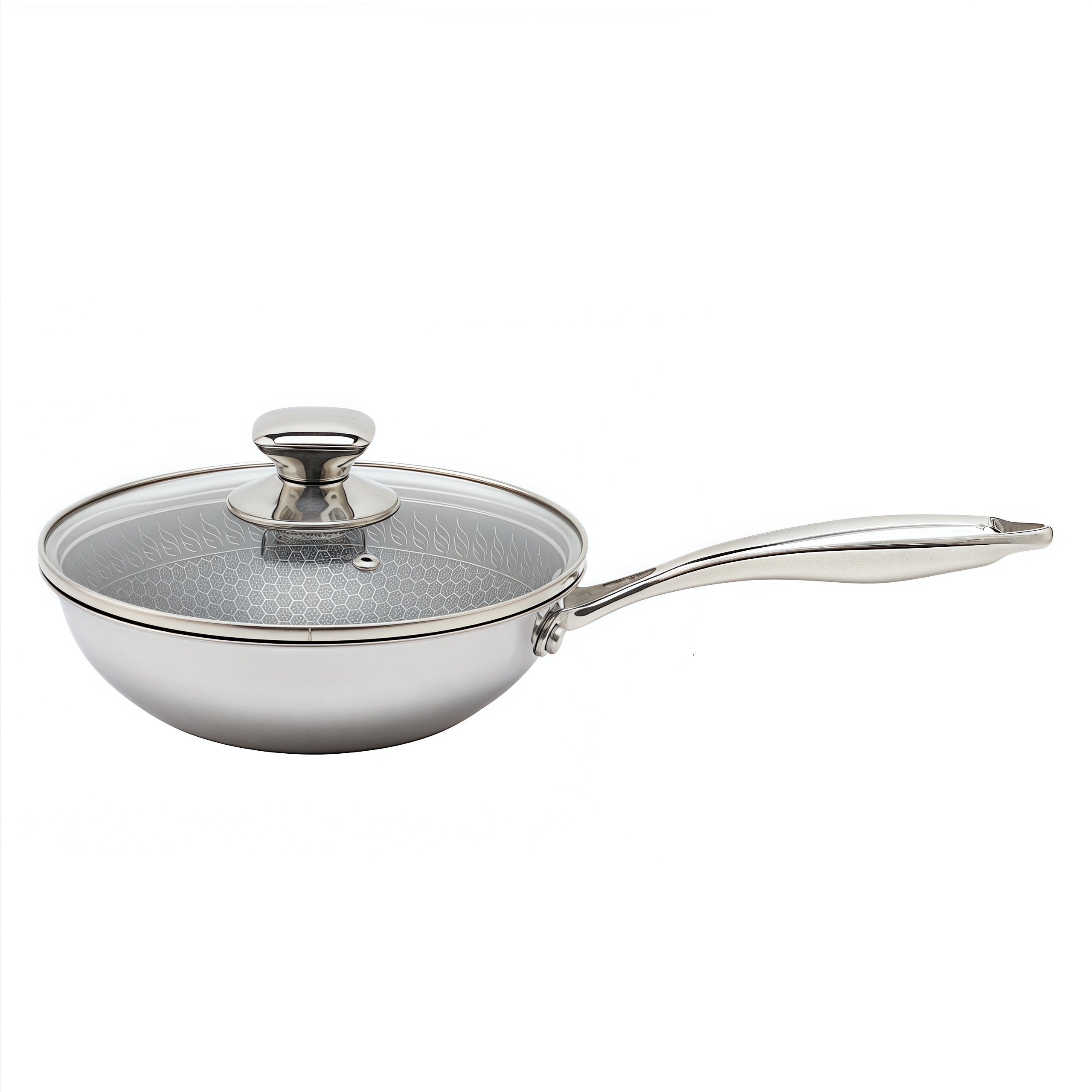 Tri-ply Hybrid Pan & Wok with Double Ears PFAS PFOA Free Honeycomb Stainless Steel Non-stick Wok Pan Cookware With Glass Lid