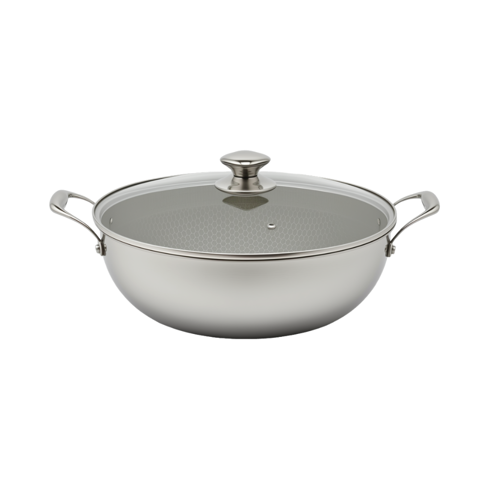 Tri-ply Hybrid Pan & Wok with Double Ears PFAS PFOA Free Titanium Coating Stainless Steel Non-stick Wok Pan Cookware With Glass Lid