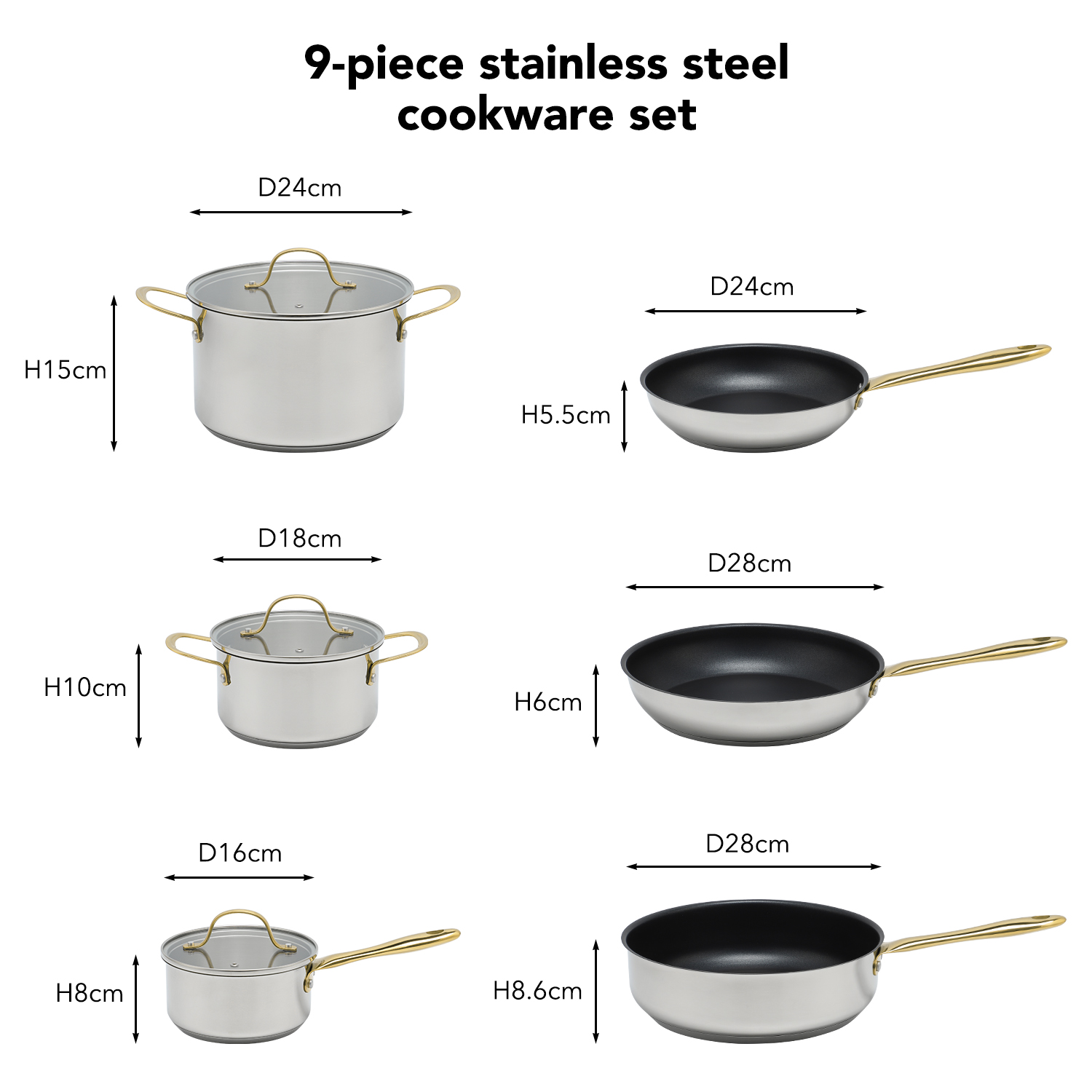 Wholesale Custom Gold Color Handles 9 Piece Stainless Steel Impact Bonded Bottom Pots and Pans Non-Toxic Kitchen Cookware Set