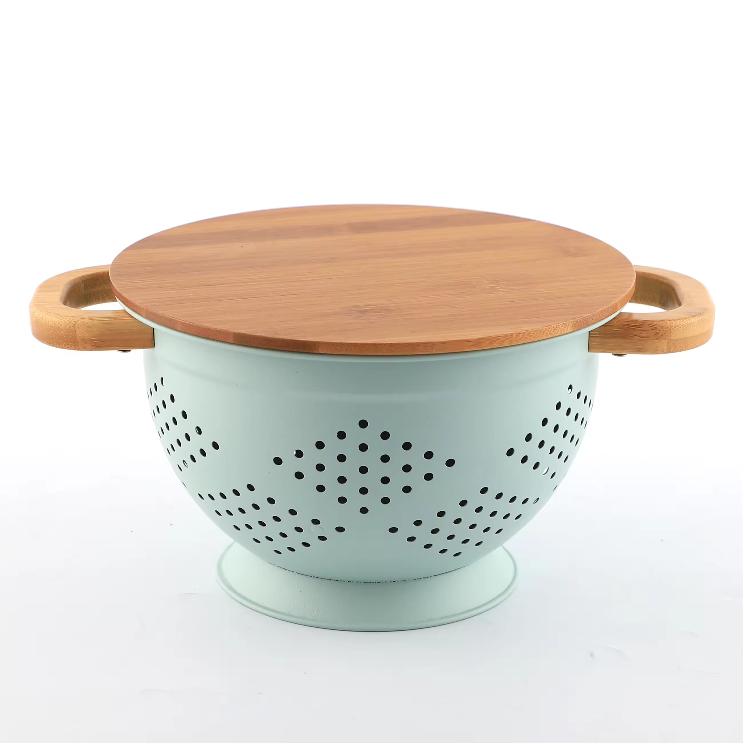 Fruit Vegetable Kitchen Strainer Colanders Set Stainless Steel Drain Wash Storage Drain Basket With Wooden Handle Lid