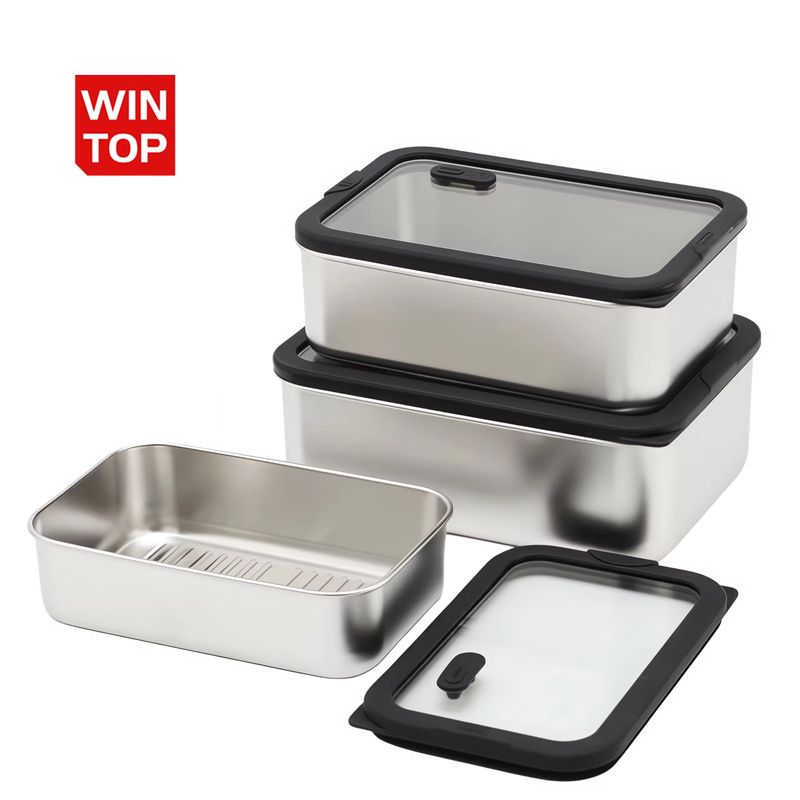 New Design 304 Stainless Steel Fresh-keeping Lunch Box Glass Cover Leak-proof Heating Food Grade Microwave Sealed Box