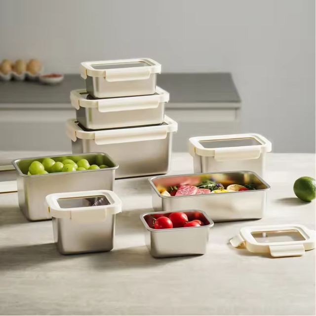 Design 304/316 Stainless Steel Fresh-keeping Box Snap-on Refrigerator Storage Box Heating Food Grade Microwave sealed Box