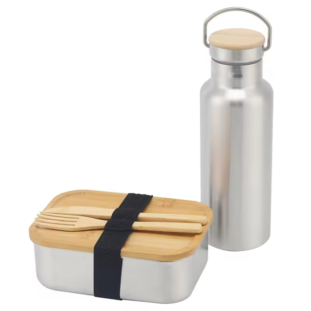 Stainless Steel 304 Water Bottle & Bamboo Lid Lunch Box Food Packaging Containers Leakproof Metal Bento Lunch Box Food Carrier