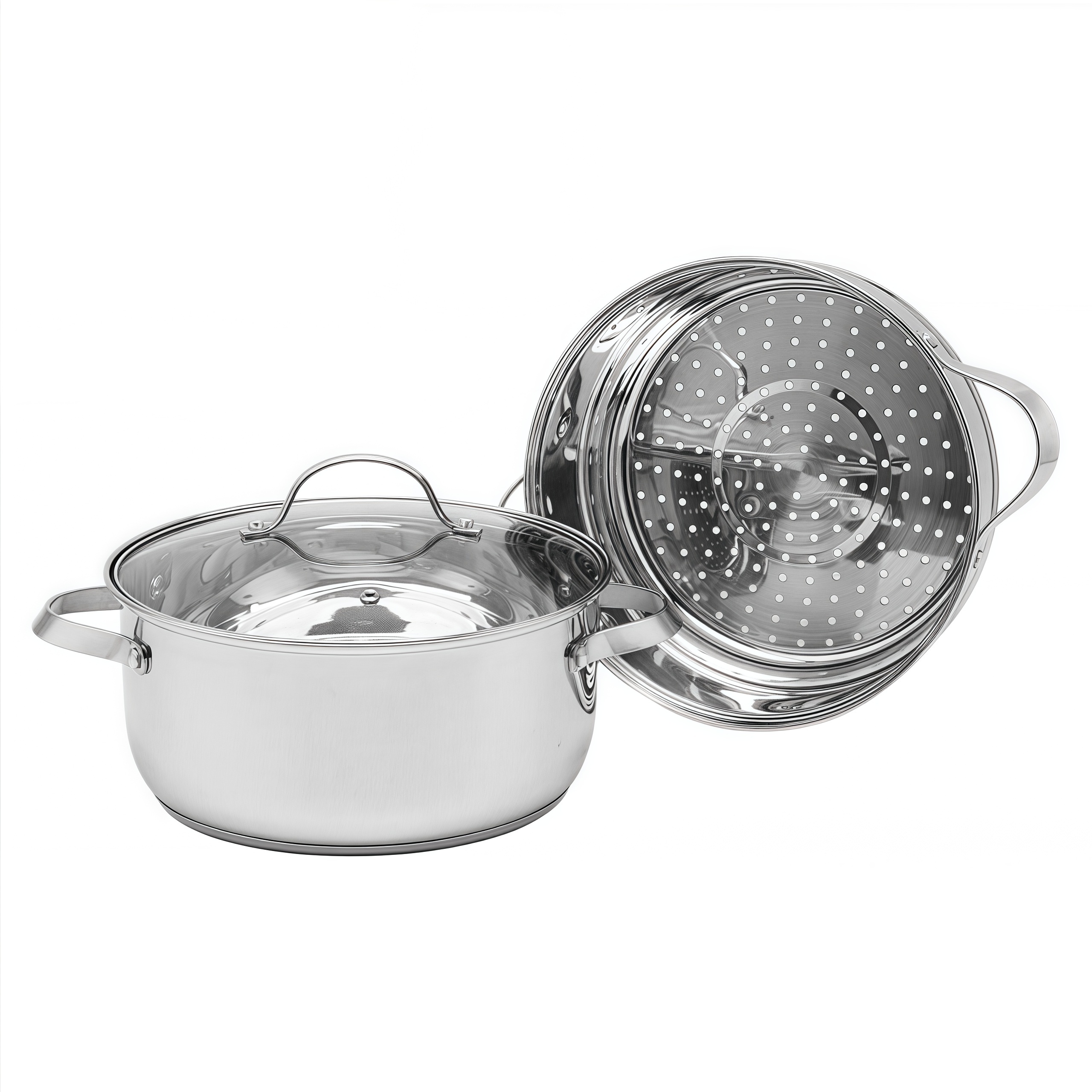 Factory Direct Sales Multi-purpose 2 Layers Steam Pot Stainless Steel Steam Cooker with Steamer Basket and Tempered Glass Lid
