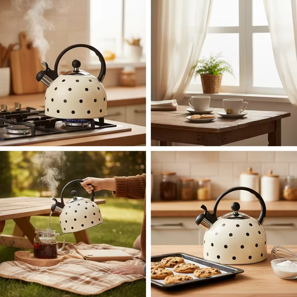 Factory Wholesale 2.5L Whistling Tea Kettle Pot Polka Dot Cream/Ivory Color Stainless Steel Hot Water Teapot for ALL Stovetop
