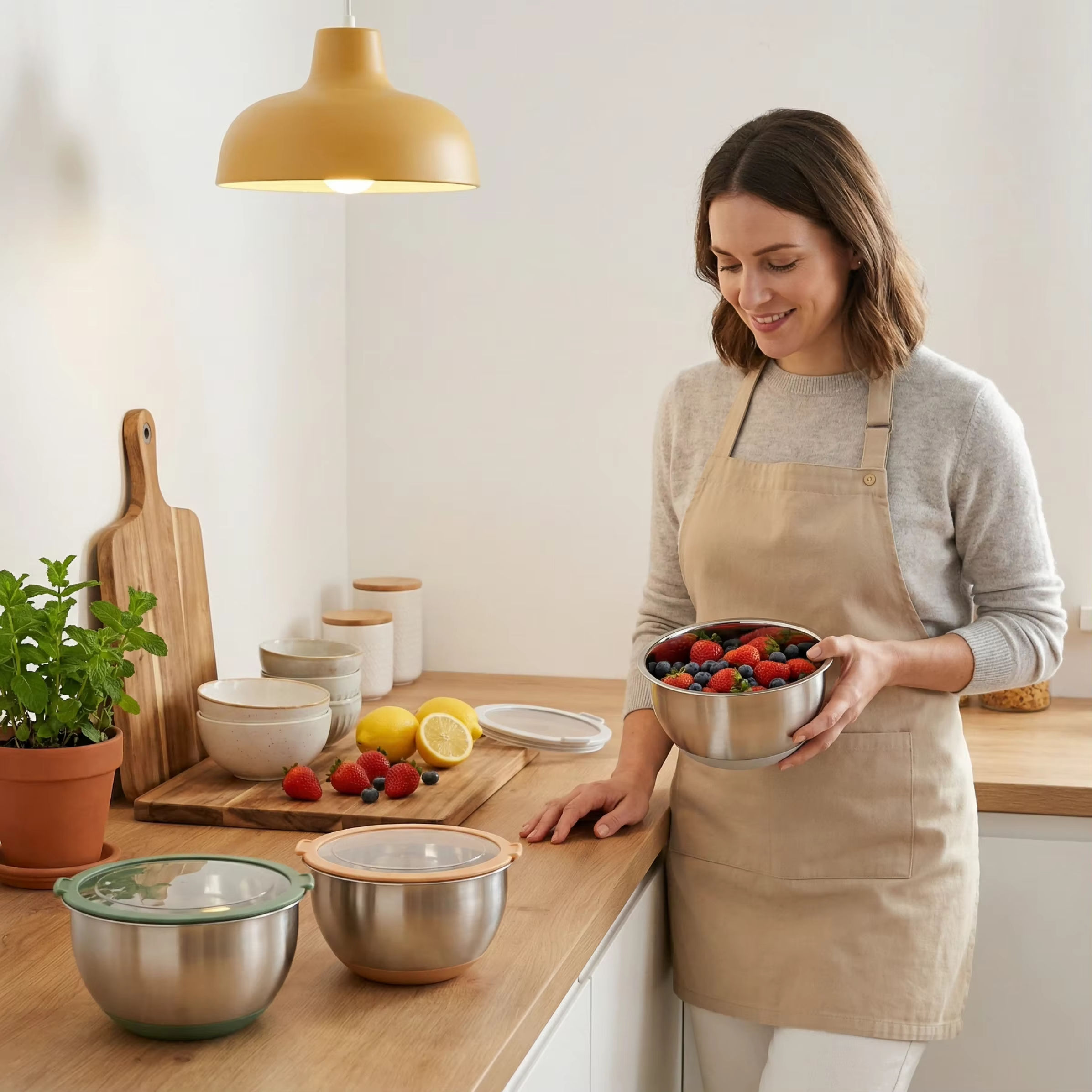 Stainless Steel Mixing Bowls Set with Transparent Lids Hot Cold Serving Salad Bowl Cream Mixing Restaurant Use Low Price Sets