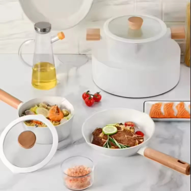 8 PCS Factory Customizable Ceramic NonStick Pan and Pots Set Induction Forged Aluminum Cookware Set PFOA & PFOS FREE Wood Handle