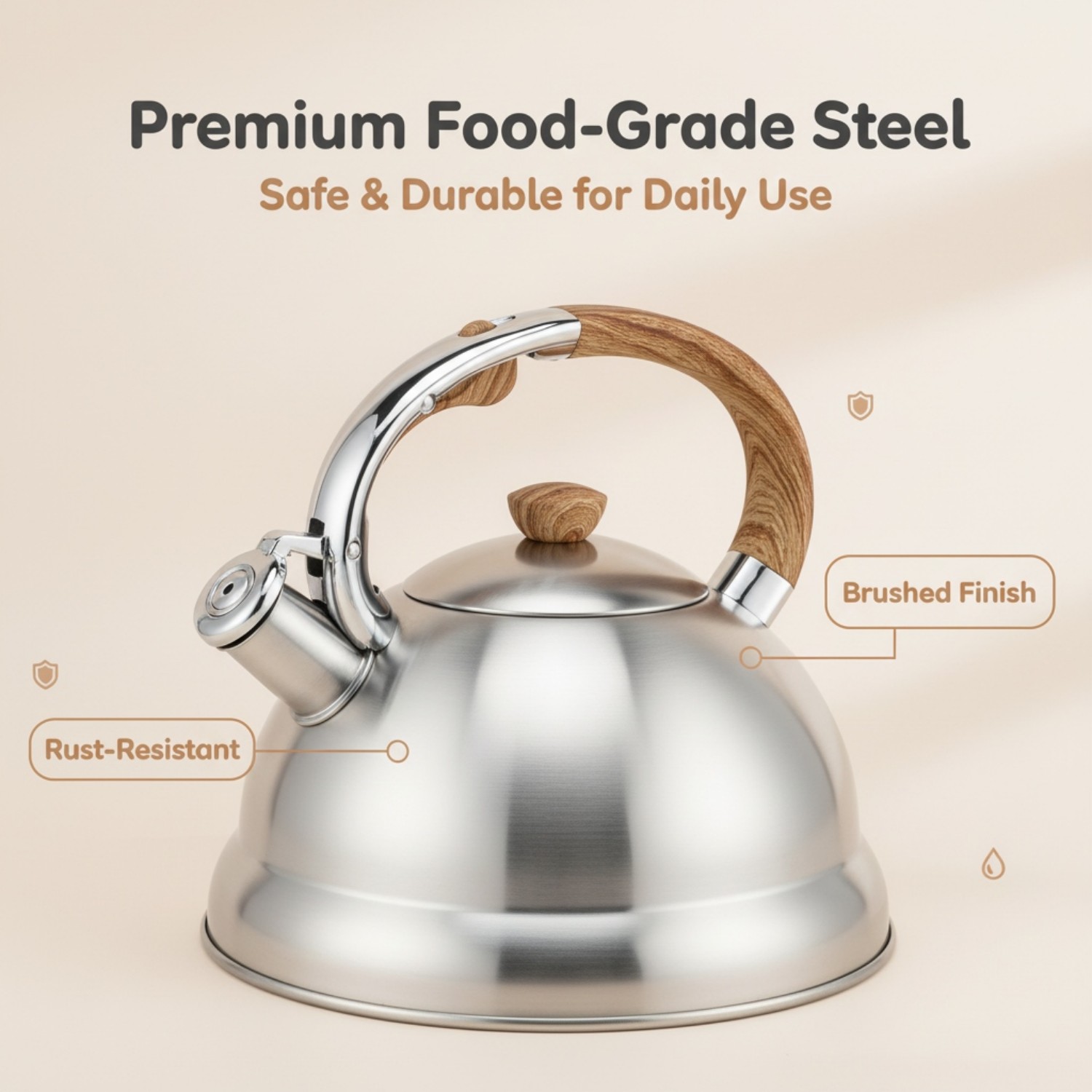 Factory Wholesale 3L Whistling Tea Kettle Tea Pot Customized Color Stainless Steel Hot Water for ALL Stovetop with Wood Handle