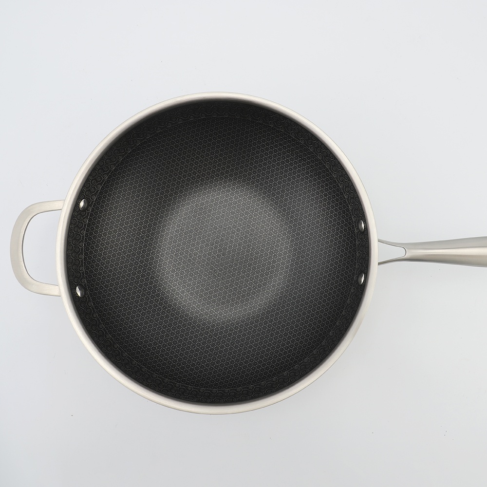 Tri-ply Hybrid Pan & Wok with Double Ears PFAS PFOA Free Honeycomb Stainless Steel Non-stick Wok Pan Cookware With Glass Lid