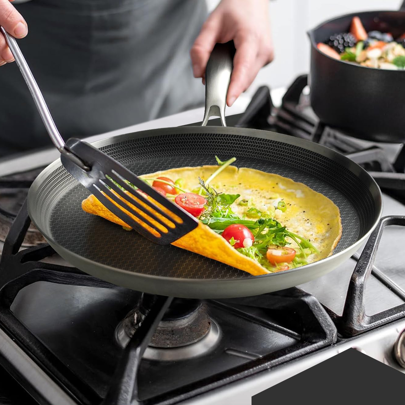 9/10/12 Inch Cookware Triply Hybrid Stainless Steel Griddle Pan Pizza Tray Pancake Pan Nonstick PFOA Free Ceramic Coating Frying Pan Skillets