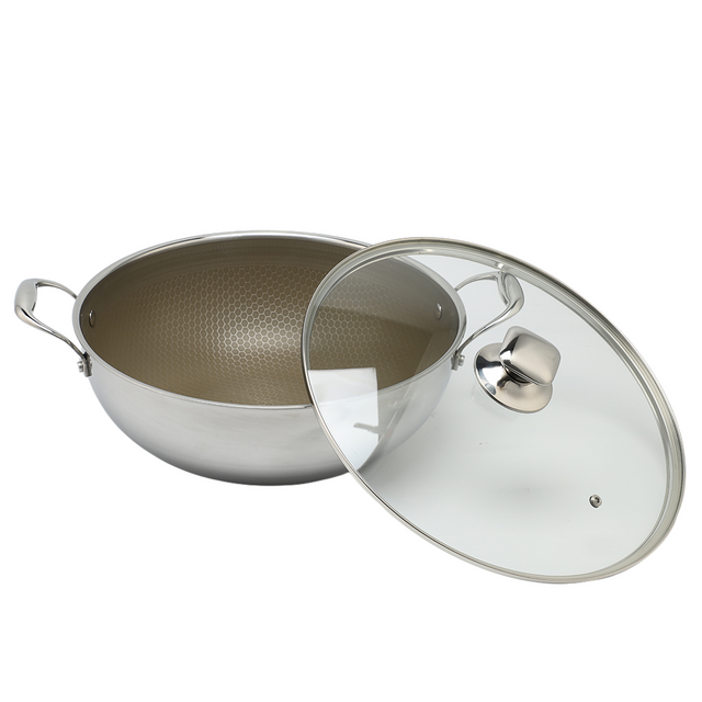 Tri-ply Hybrid Pan & Wok with Double Ears PFAS PFOA Free Titanium Coating Stainless Steel Non-stick Wok Pan Cookware With Glass Lid