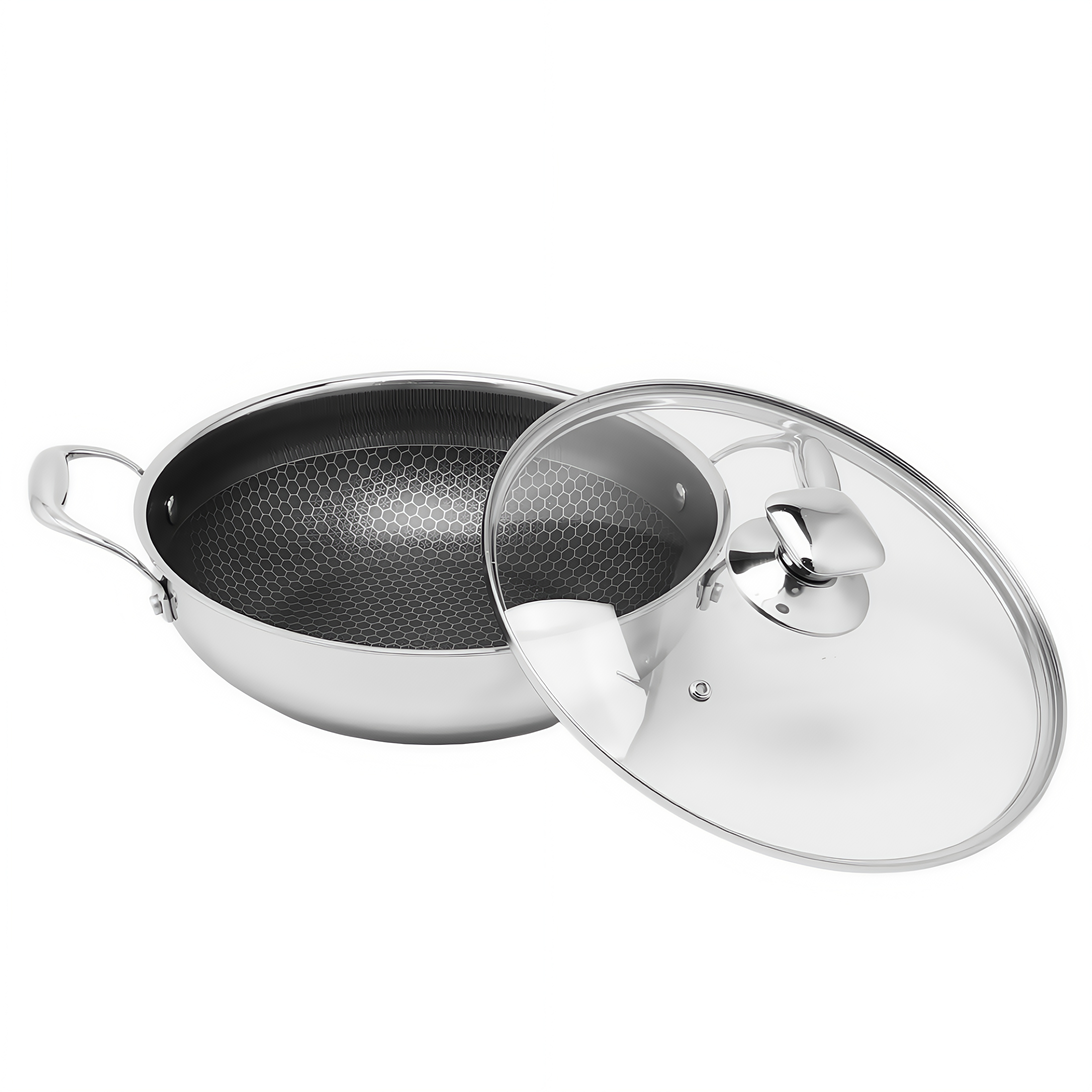 Tri-ply Hybrid Pan & Wok with Double Ears PFAS PFOA Free Honeycomb Stainless Steel Non-stick Wok Pan Cookware With Glass Lid