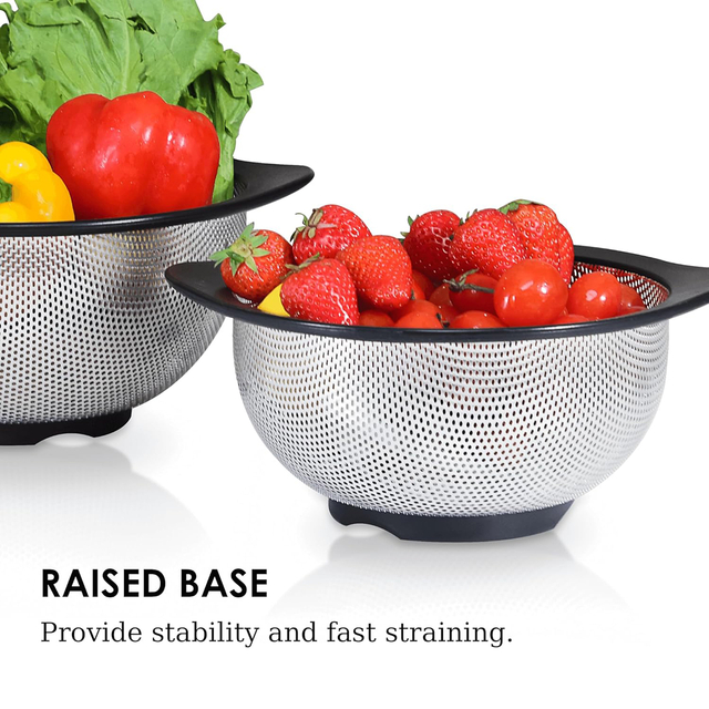 Stainless Steel Colanders Set with Black Non-Slip Handles 2.5/4.3 Quart Capacities Home Kitchen Strainer Set of 2