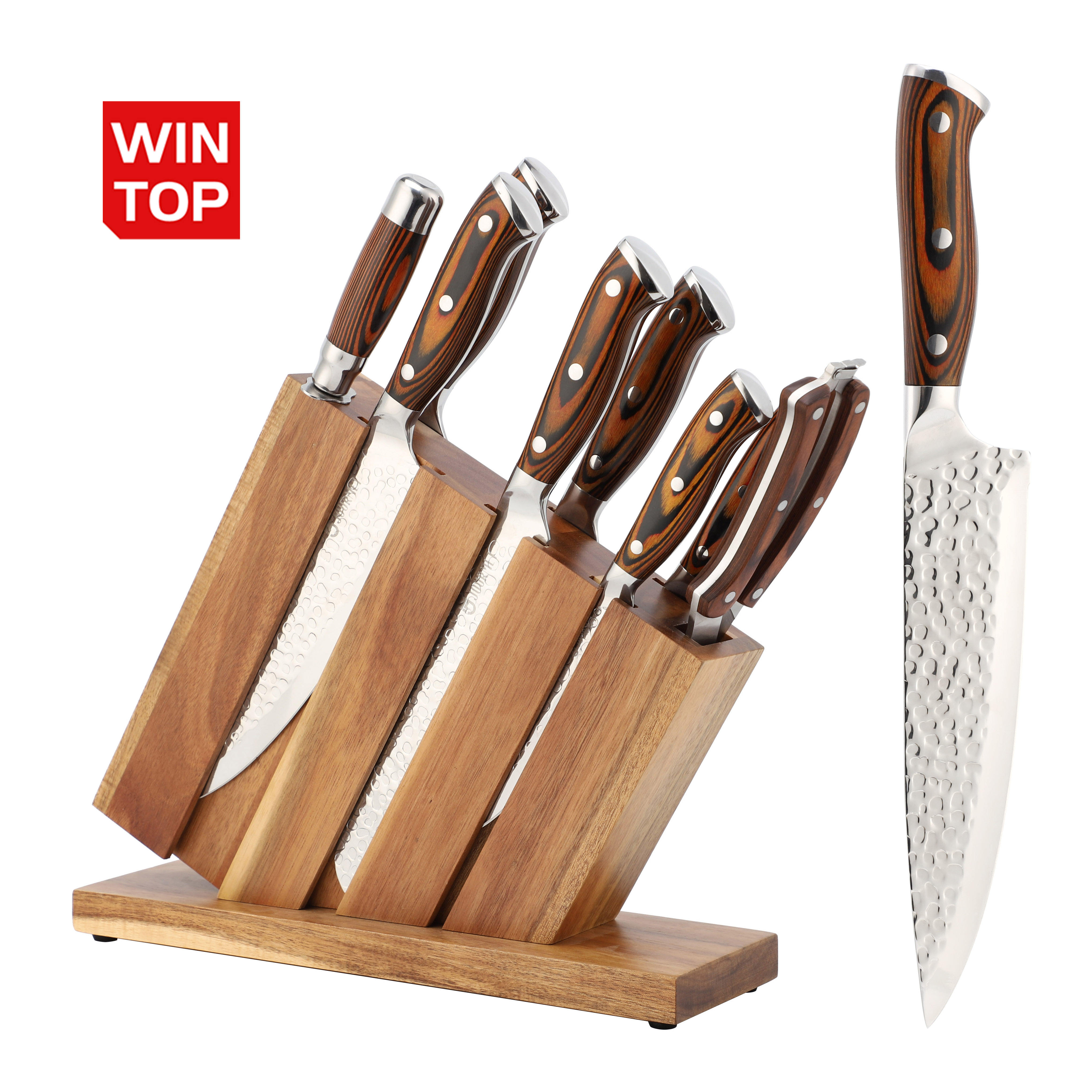 Wholesale 9 PCS Pakka Wood Handle 8-Inch Santoku Bread Paring Cleaver Chef Kitchen Knife 5cr15 Stainless Steel Scissor Outdoors