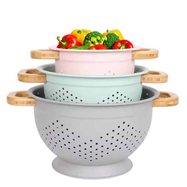 Fruit Vegetable Kitchen Strainer Colanders Set Stainless Steel Drain Wash Storage Drain Basket With Wooden Handle Lid