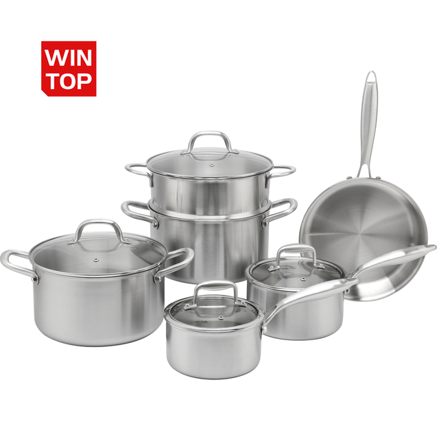 10 Piece High Quality Wholesale 18/10 Triply Stainless Steel 3 Layer Pots And Pans Steamer Set Cookware Set Saucepan Frying Pan