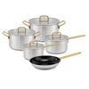 Wholesale Custom Gold Color Handles 9 Piece Stainless Steel Impact Bonded Bottom Pots and Pans Non-Toxic Kitchen Cookware Set