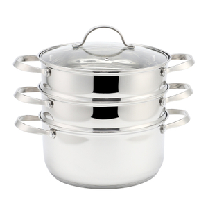 Factory Direct Sales Multi-purpose 3 Layers Steam Pot Stainless Steel Steam Cooker with Steamer Basket and Tempered Glass Lid