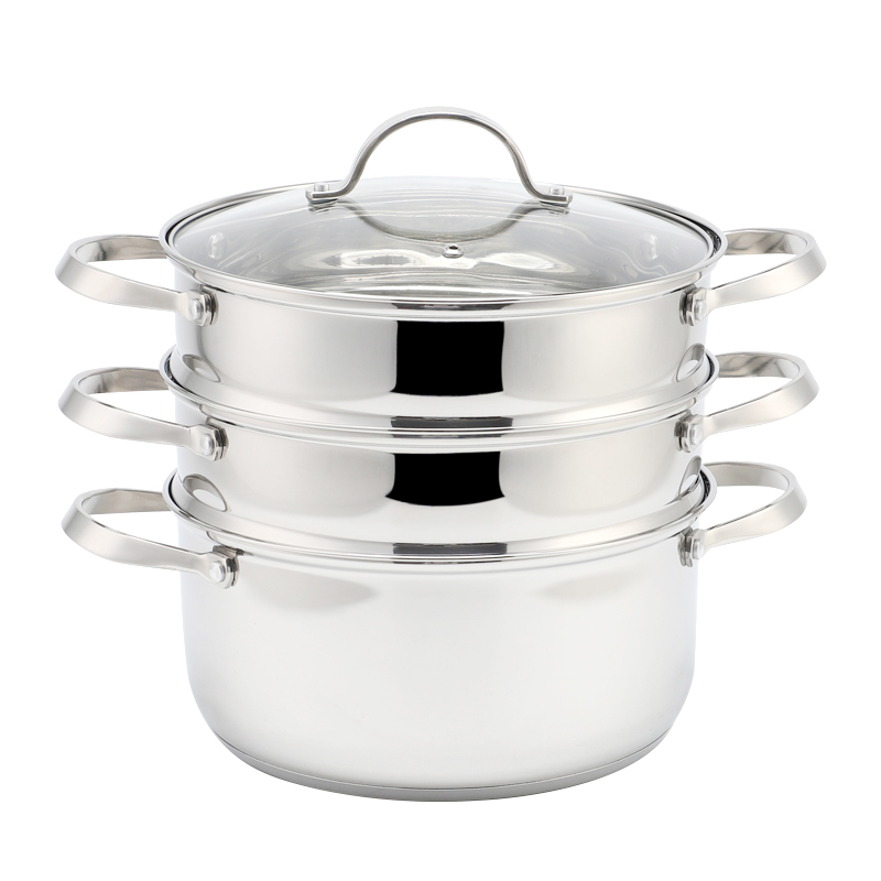 Factory Direct Sales Multi-purpose 3 Layers Steam Pot Stainless Steel Steam Cooker with Steamer Basket and Tempered Glass Lid