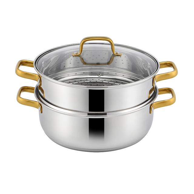 Factory Direct Sales Multi-purpose 2 Layers Steam Pot Stainless Steel Steam Cooker with Steamer Basket and Tempered Glass Lid