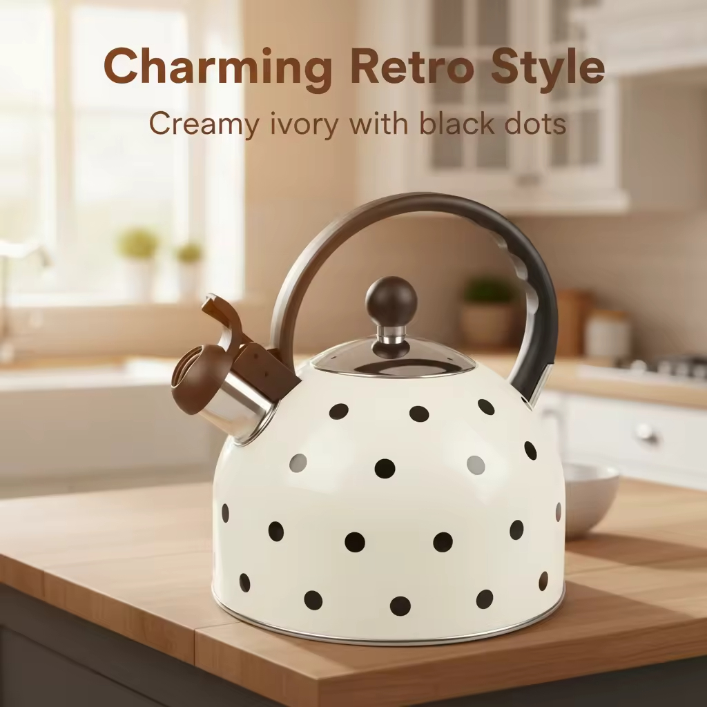 Factory Wholesale 2.5L Whistling Tea Kettle Pot Polka Dot Cream/Ivory Color Stainless Steel Hot Water Teapot for ALL Stovetop