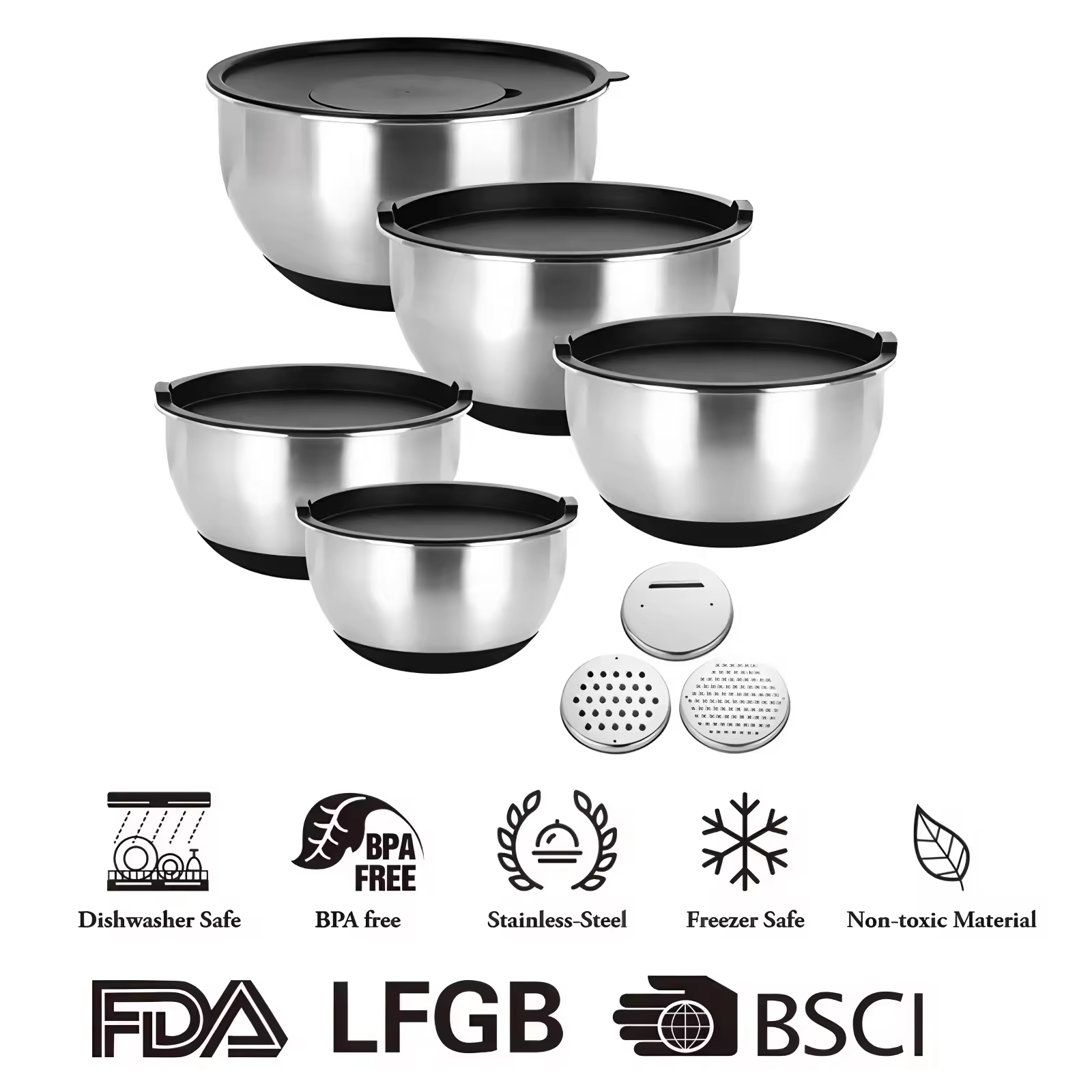 Wholesale High Quality Stainless Steel Salad Bowl with Grater Attachments Non Slip Base for Mixing Baking