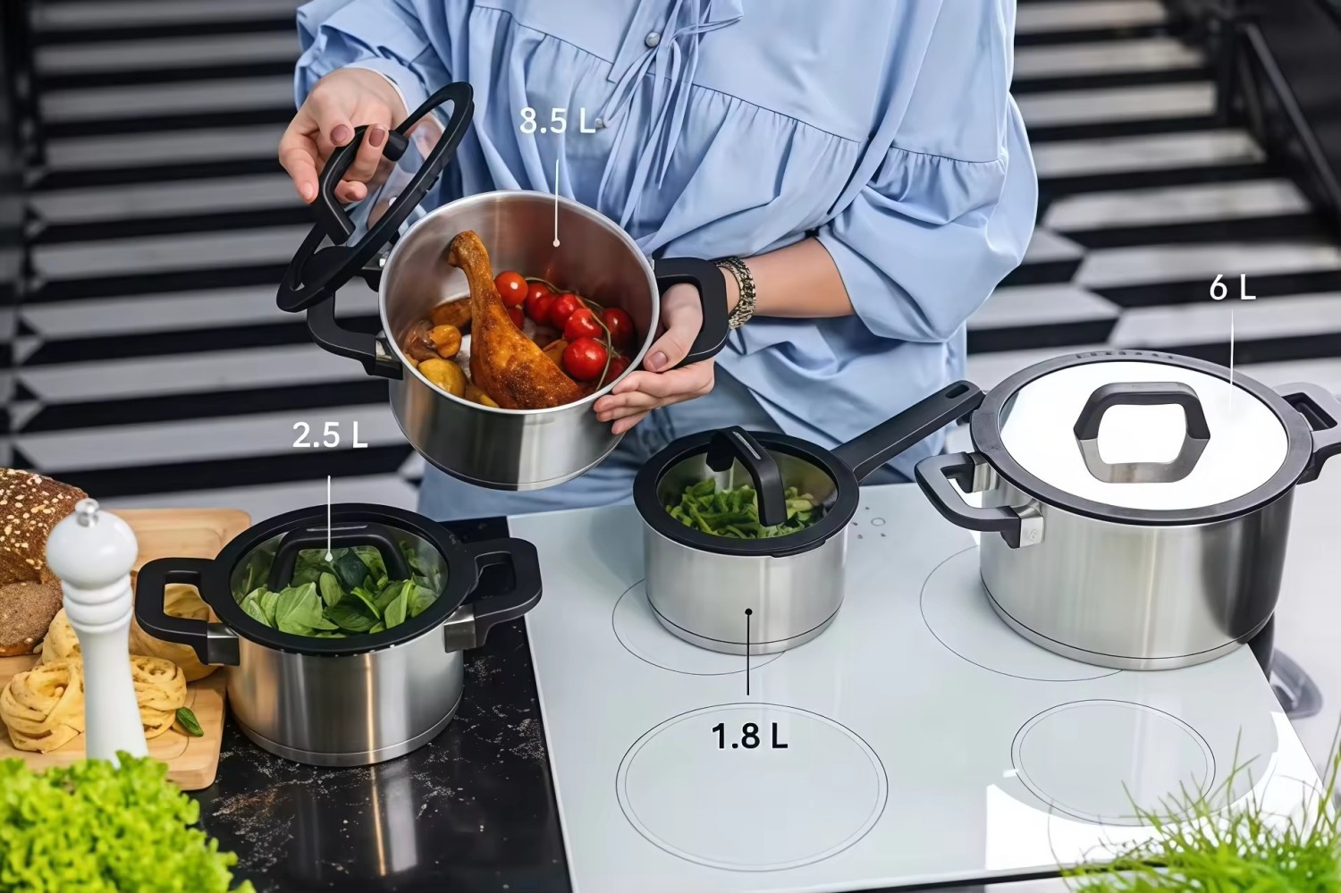 Hot Sale Strainer Lid Cooking Pot Heavy Weight 5 Layer Base Stainless Steel Casserole Soup Pot Stock Pots with Silicone Handle