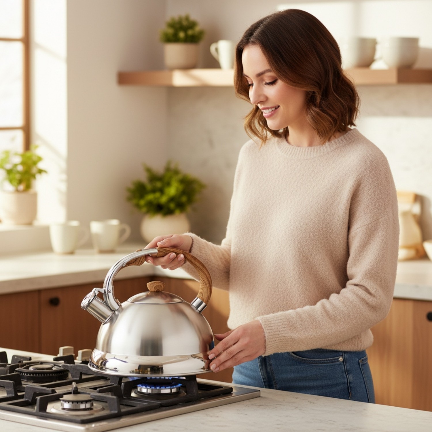 Factory Wholesale 3L Whistling Tea Kettle Tea Pot Customized Color Stainless Steel Hot Water for ALL Stovetop with Wood Handle