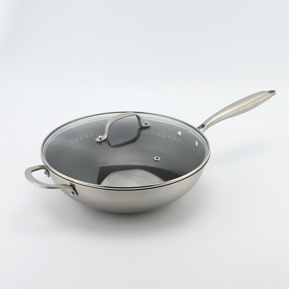 Tri-ply Hybrid Pan & Wok with Double Ears PFAS PFOA Free Honeycomb Stainless Steel Non-stick Wok Pan Cookware With Glass Lid