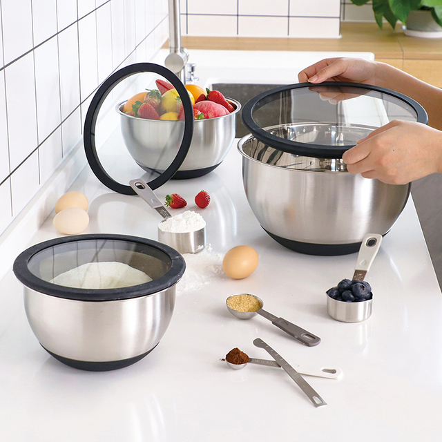 Customized Mixing Bowls Set 3QT 5QT Stainless Steel Mixing Bowl With Glass Lid