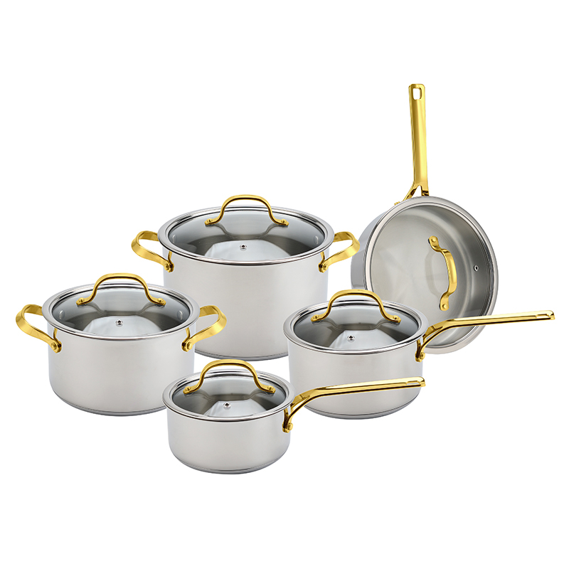 Wholesale Custom 10 Piece Gold Handle Stainless Steel Impact Bonded Bottom Pots And Pans Non-Toxic Kitchen Cookware Set