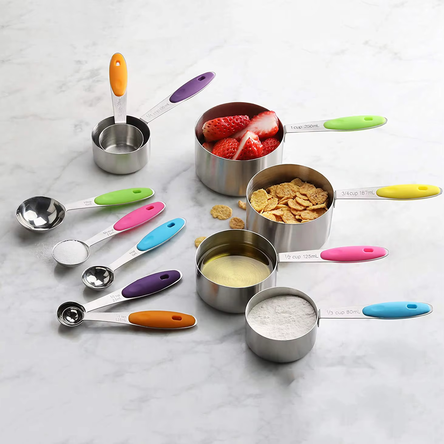 Custom Hot Sell 10 Piece Stainless Steel Measuring Cups and Spoons Set With Silicone Handle