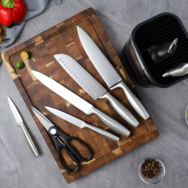 High Quality Traditional Metal Kitchen Cutter Cooking Knives Set Hollow Handle Kitchen Chef Knife Kit with Stainless Steel Block