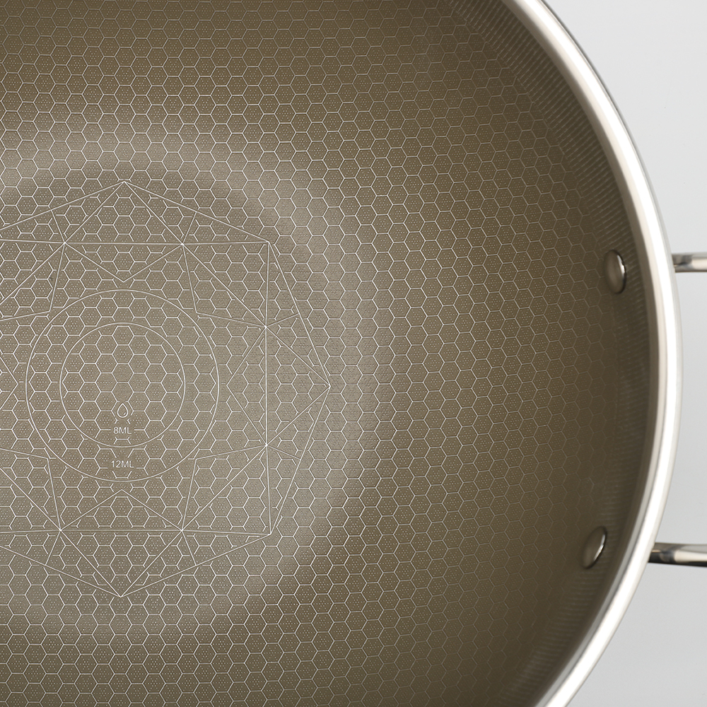 Tri-ply Hybrid Pan & Wok with Double Ears PFAS PFOA Free Titanium Coating Stainless Steel Non-stick Wok Pan Cookware With Glass Lid
